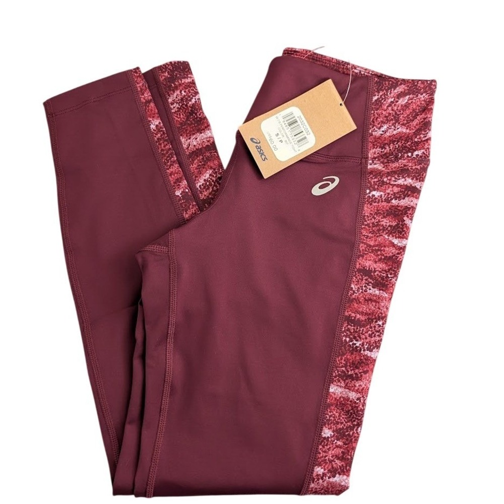 ASICS Womens Performance Tight 7/8 Burgundy Leggings Trimmed Logo‎ Size S NEW